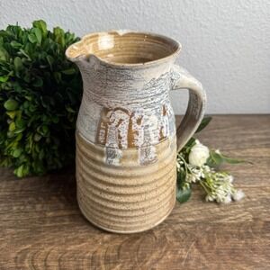 Vintage Studio Pottery Stoneware Pitcher Cream Brown Ash Glaze 7.5" Signed